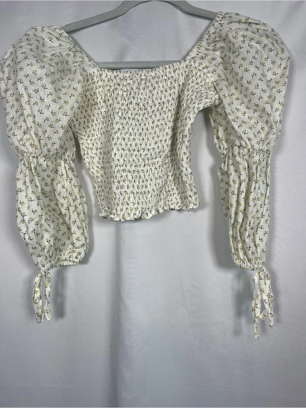 Faithfull the brand Harlyn linen floral print puff sleeve crop top cottagecore